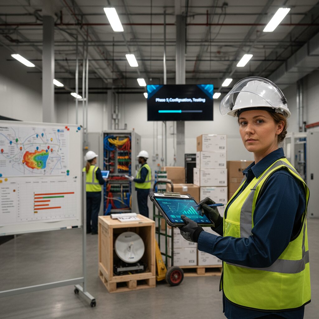 Technicien utilisant la 5G privée OUI5G dans un atelier industriel connecté" title="5G industrielle - Usine connectée et logistique