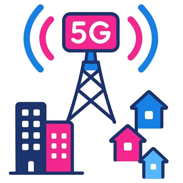 Schéma illustrant une antenne 5G unique couvrant une large zone de connectivité
