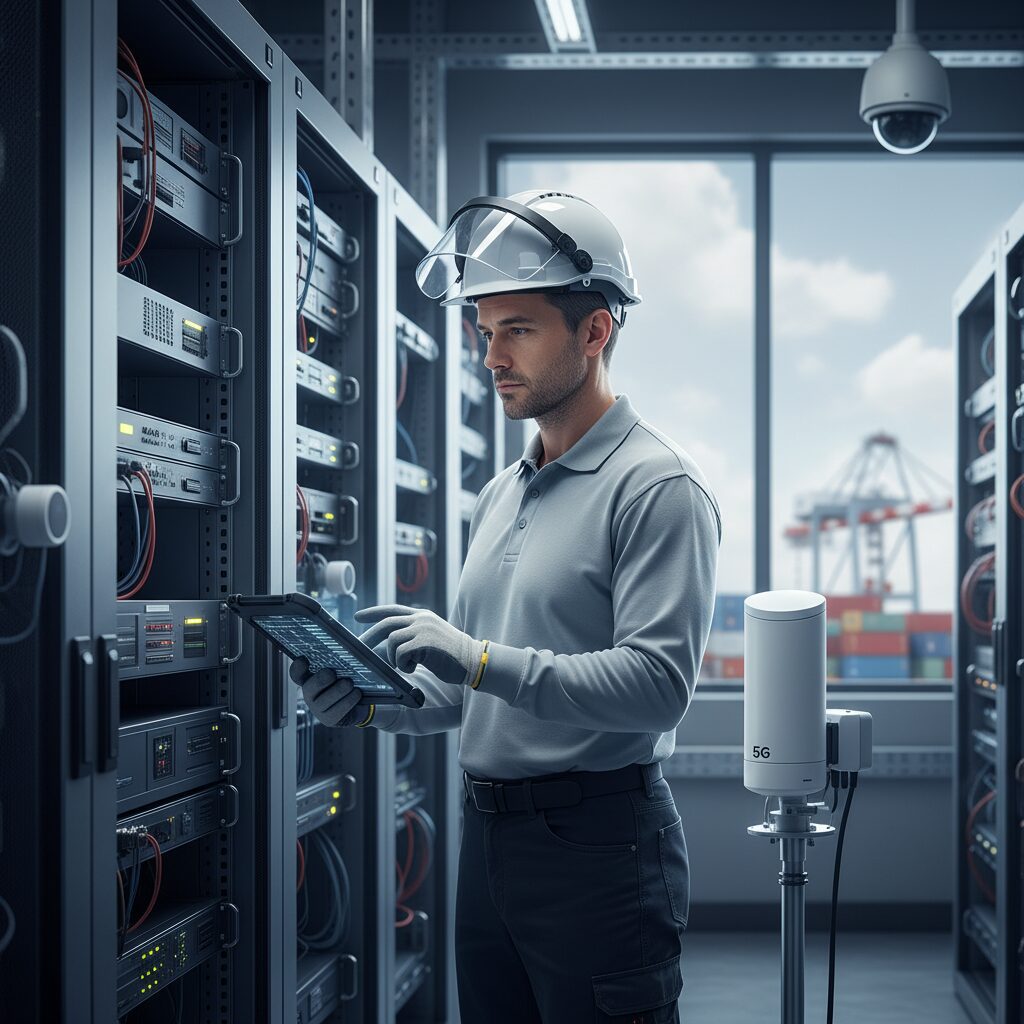 Technicien supervisant une baie de serveurs dédiée à la solution OUI5G de Numerisat" title="OUI5G by Numerisat - Infrastructure réseau 5G professionnelle